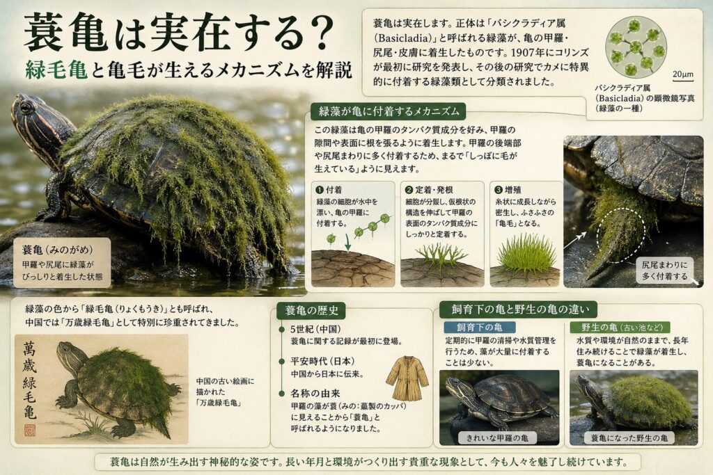 蓑亀は実在する？緑毛亀と亀毛が生えるメカニズムを解説