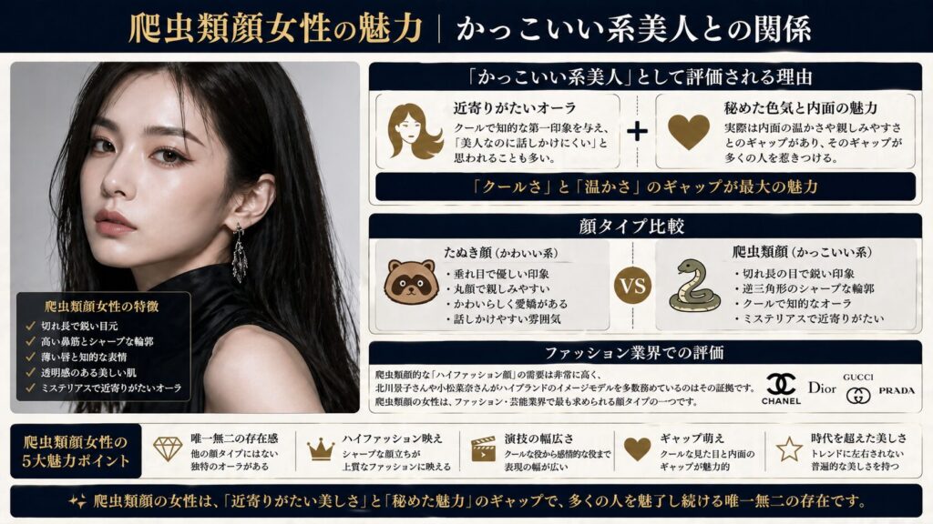 爬虫類顔女性の魅力|かっこいい系美人との関係