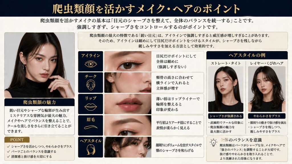 爬虫類顔を活かすメイク・ヘアのポイント