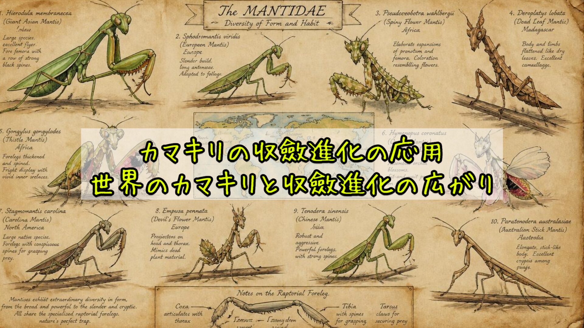 カマキリの収斂進化の応用:世界のカマキリと収斂進化の広がり